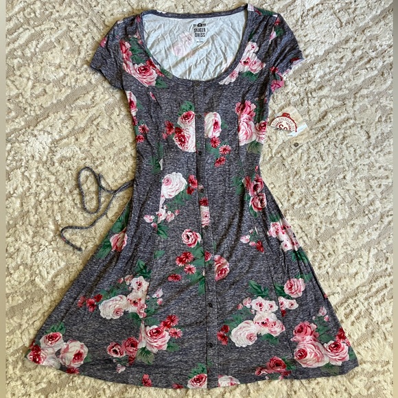 SO Skater Dress Perfectly Soft Perfectly You Gray/Pink Floral Size: S - Picture 1 of 9